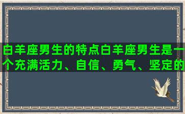 白羊座男生的特点白羊座男生是一个充满活力、自信、勇气、坚定的人。他们往往冲动而热情